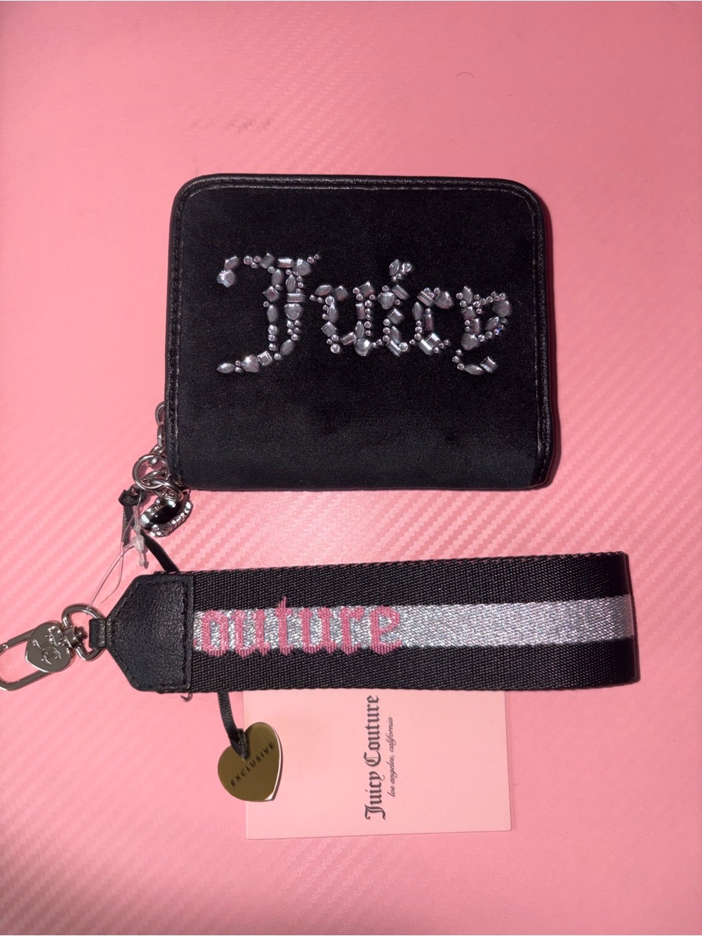 Juicy Couture Black Jeweled Logo Zip Card Holder with Black-Pink Strap